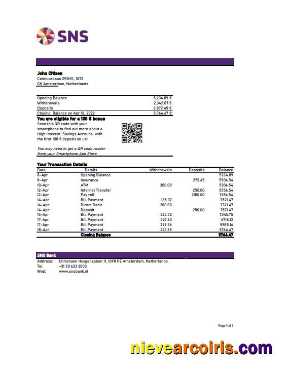Netherlands SNS bank statement Excel and PDF